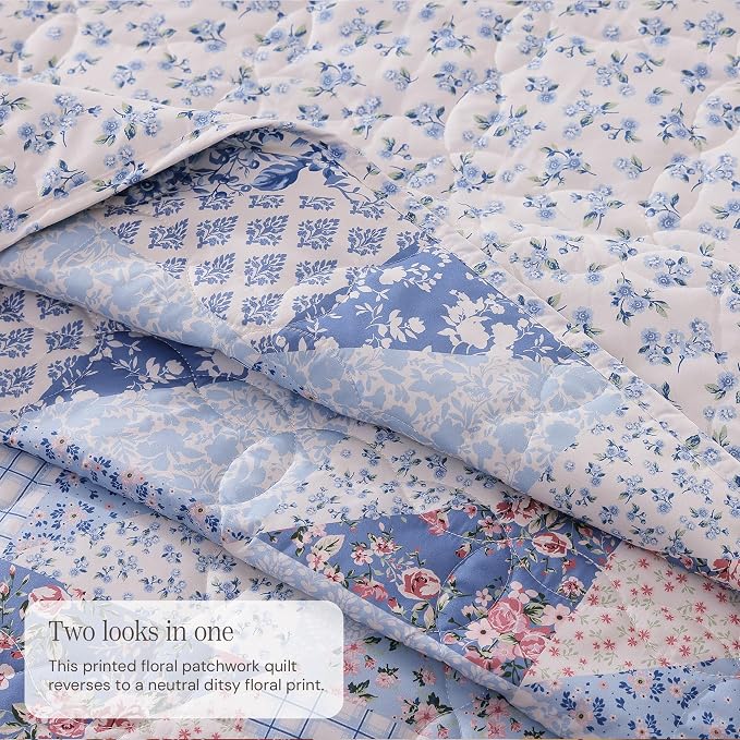 BLOOMHAVEN Quilt Set Twin Size, Patchwork Blue Pink Marigold Floral Quilt Sets - Image 3