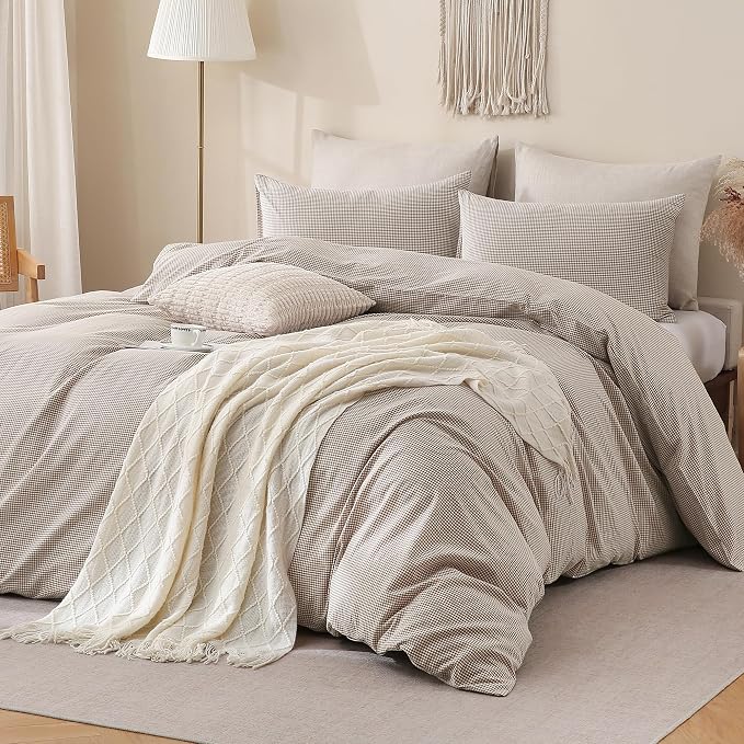 TOCOMOA Mini Gingham Tan Duvet Cover Bedding Set 100% Washed Cotton Like Linen - Image 2