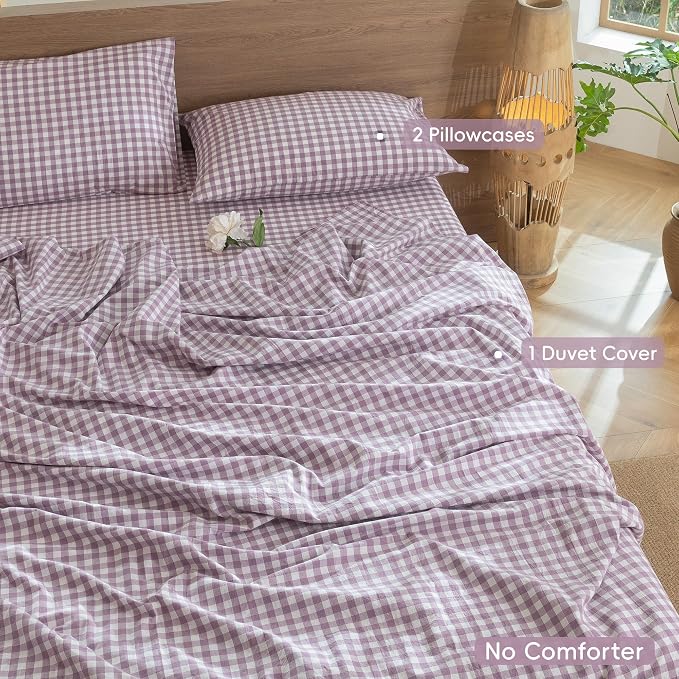 MooMee Gingham Duvet Cover Set 100% Washed Cotton Linen Like Textured - Image 2