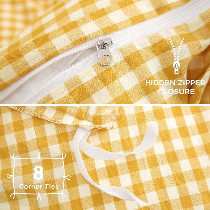 TOCOMOA Yellow Gingham Duvet Cover Bedding Set 100% Washed Cotton Like Linen - Image 6