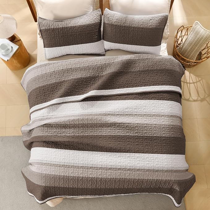 Litanika Oversized King Quilt Set Brown, 128x120 Stripe Bedspread Coverlet 3 - Image 3