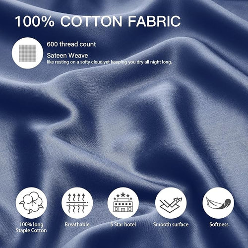 100% Cotton King Pillowcases Set of 2, Deep Dream 600 Thread Count Pillow Cases - Image 2