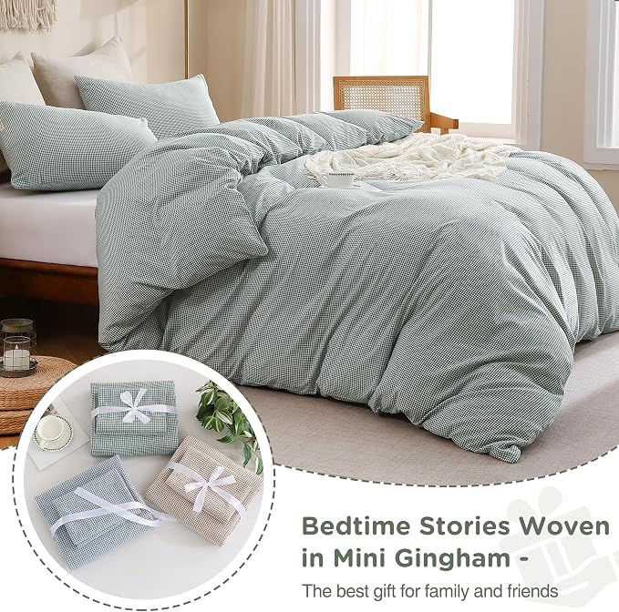 TOCOMOA Mini Gingham Green Duvet Cover Bedding Set 100% Washed Cotton Like - Image 7