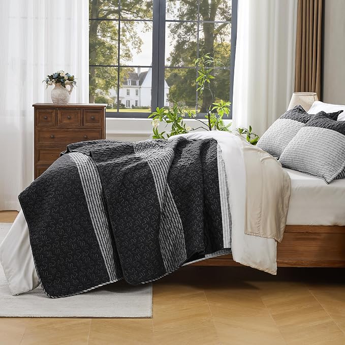 Andency Black Quilt Twin, 2 Pieces Black and White Patchwork Striped Bedspread - Image 5