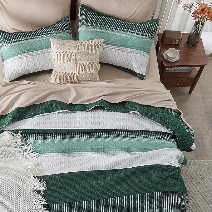 Andency Emerald Green Quilt Queen, 3 Pieces Patchwork Striped Bedspread - Image 6