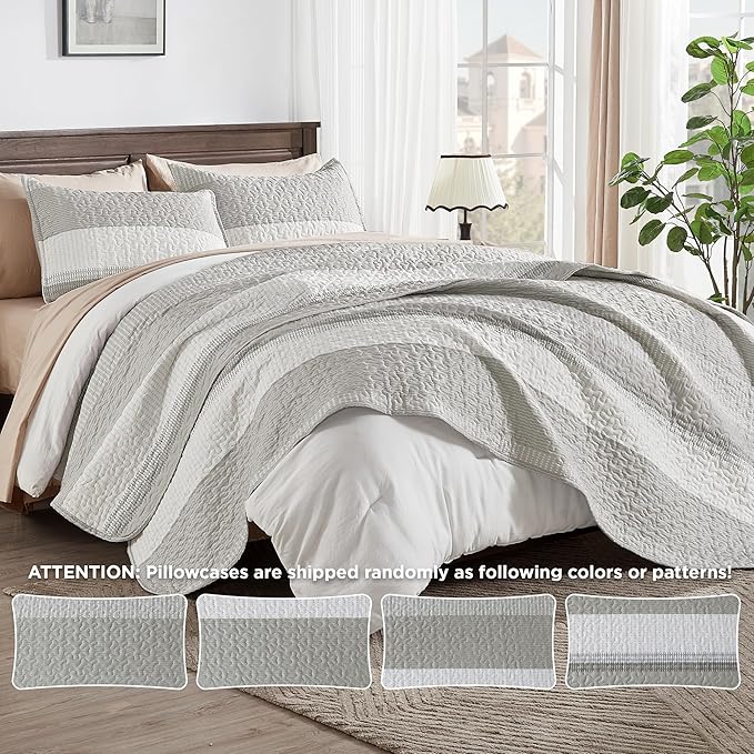 Andency King Size Quilt Set Linen Grey, 3 Pieces Summer Ultra Soft Lightweight - Image 6