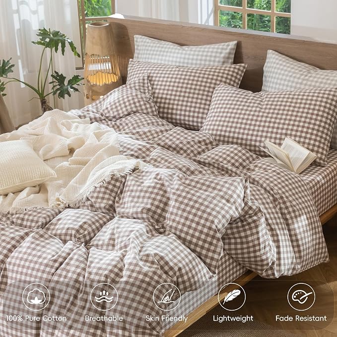MooMee Gingham Duvet Cover Set 100% Washed Cotton Linen Like Textured - Image 4