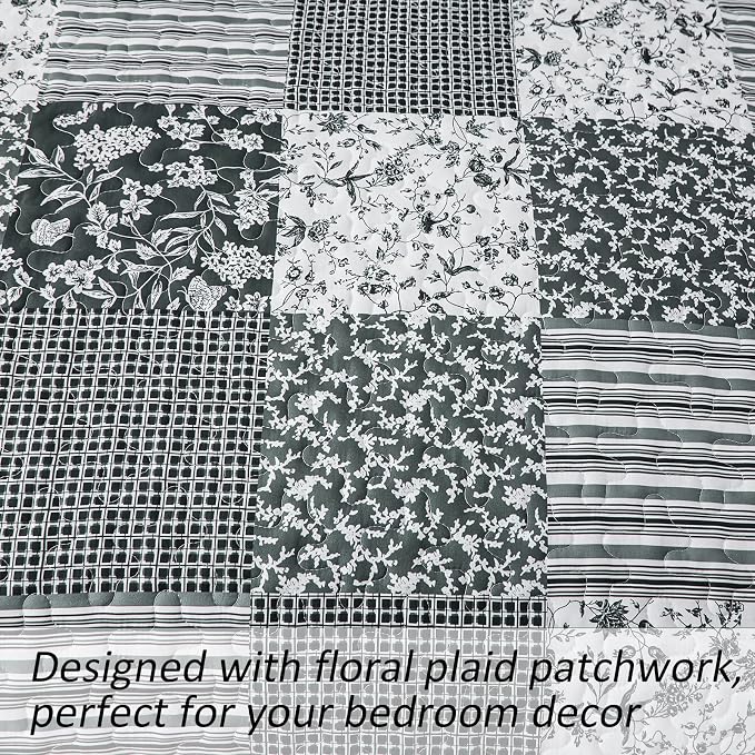 Mybedsoul Black Grey Boho Quilt Set King Size, 3 Pieces Plaid Floral Bedspread - Image 4