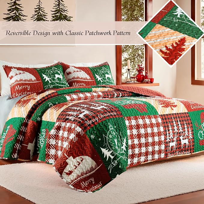 Whale Flotilla Patchwork Quilt King Size, Soft Boho Christmas Bedspreads - Image 2
