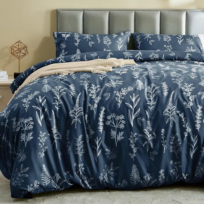 MUXHOMO Duvet Cover Full Size, Reversible Floral Navy Duvet Cover Set by MUXHOMO
