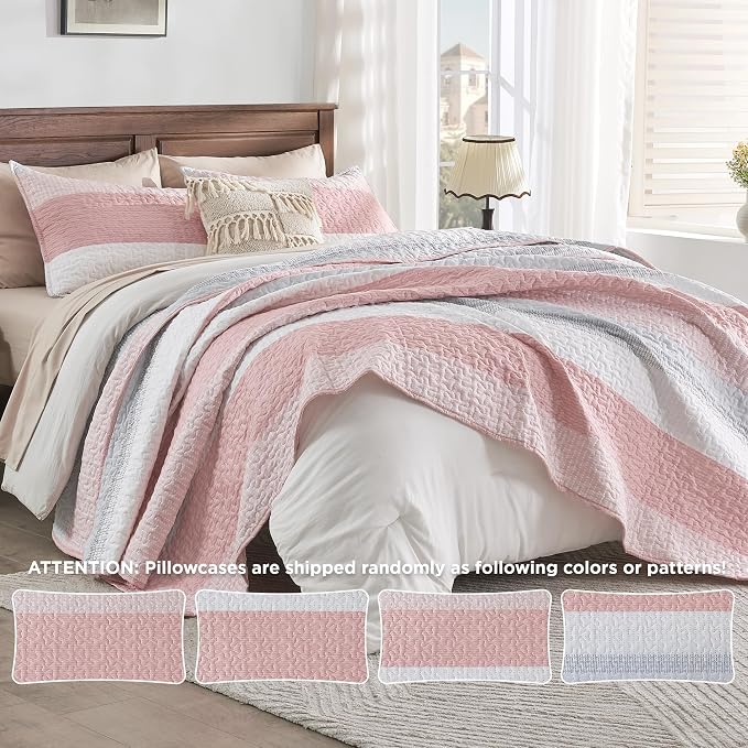 Andency Pink Quilt Queen, 3 Pieces Patchwork Striped Bedspread Coverlet Set - Image 4