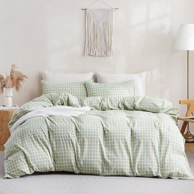 TOCOMOA Plaid Duvet Cover Set 100% Washed Cotton Like Linen Feel Super Soft - Image 3