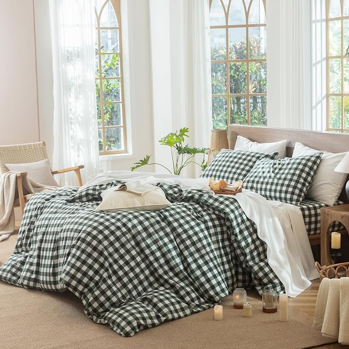 MooMee Gingham Duvet Cover Set 100% Washed Cotton Linen Like Textured - Image 3