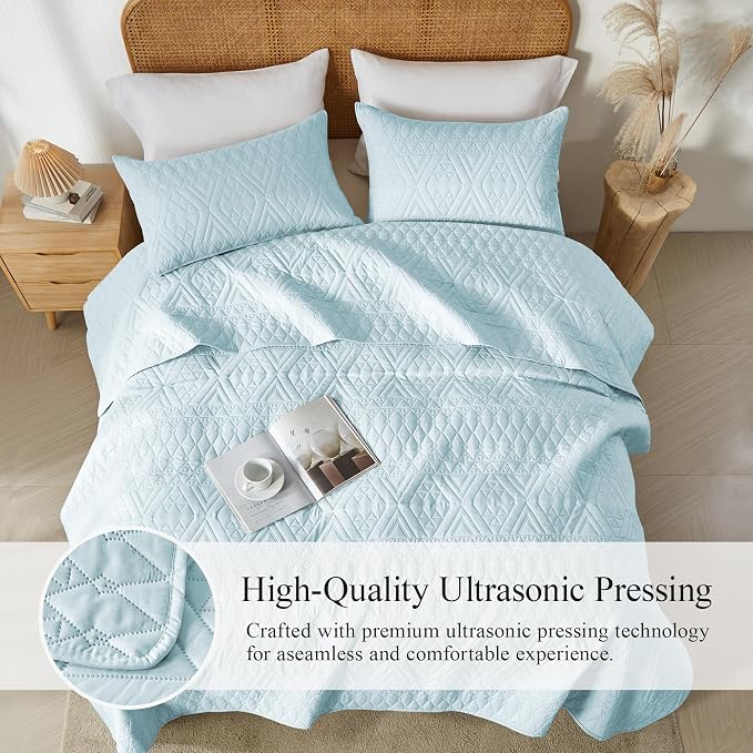 akkialla Twin Size Quilt Bedding Set, Sky Blue Lightweight Microfiber Soft - Image 5