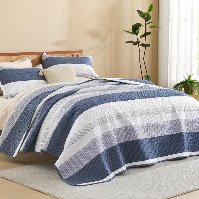 Litanika Twin Quilt Set Mineral Blue, 68x86 Stripe Bedspread Coverlet 2 Pieces by Litanika
