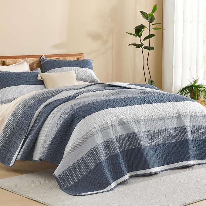 Litanika King Size Quilt Set Navy Blue, Stripe Patchwork Summer Bedspread by Litanika