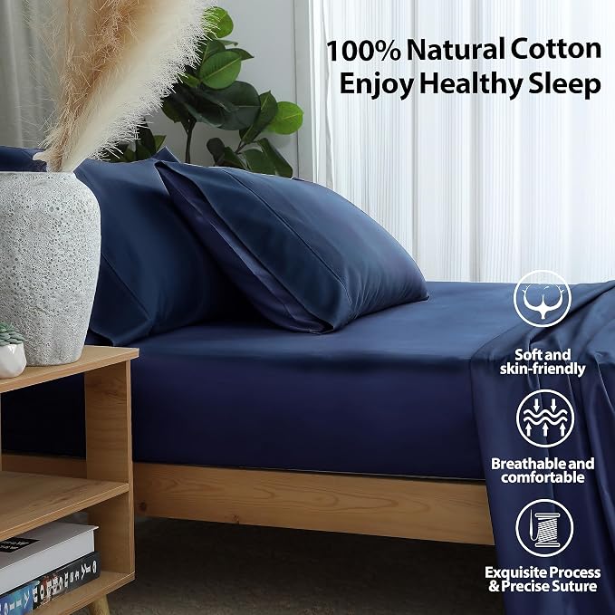 Twin Size Fitted Sheet Only Navy Blue, 100% Egyptian Cotton 600 Thread Count - Image 2