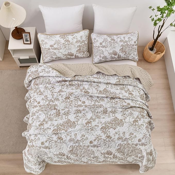 WONGS BEDDING Botanical Quilt Set Queen Size, Khaki 3 Pieces Toile Floral - Image 3