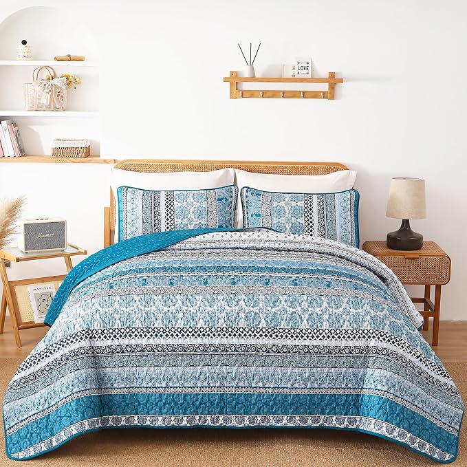 WONGS BEDDING Boho Quilt Set King Size, Teal Blue Bohemian 3 Pieces Quilt Sets by WONGSBEDDING