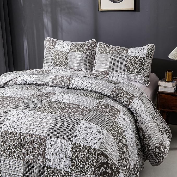 Mybedsoul Grey Boho Quilt Set Queen Size, 3 Pieces Plaid Floral Bedspread - Image 5
