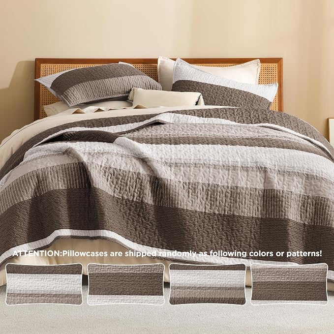 Litanika Quilt King Size Brown, Stripe Patchwork Summer Bedspread Coverlet 3 - Image 5