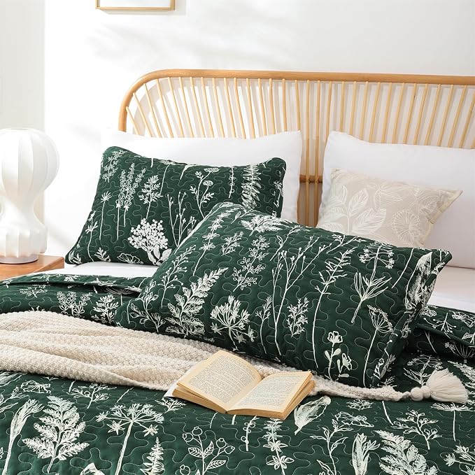 JANZAA Quilts Queen Size Emerald Green Floral Queen Quilt Bedding Set - Image 3