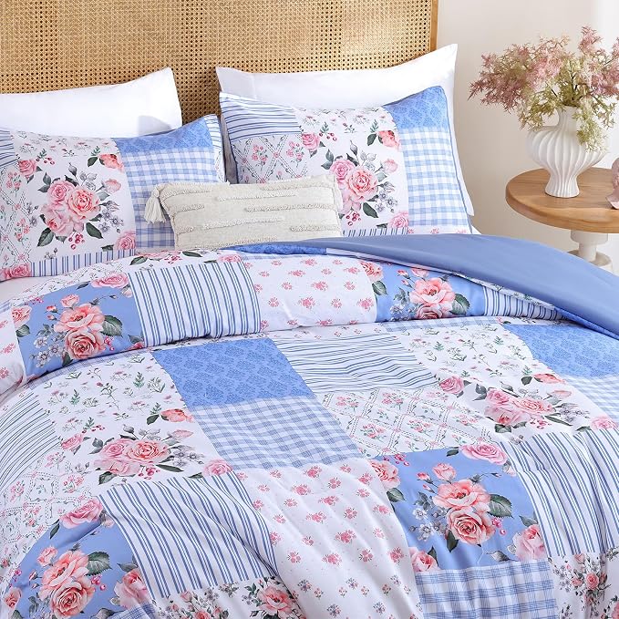 YIKUSH Queen Comforters Set Floral Comforter Bedding Set Blue Cozy Breathable - Image 4