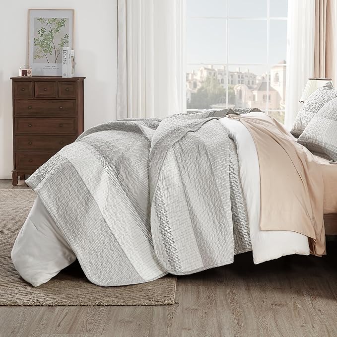 Andency Queen Quilt Bedding Set Linen Grey, 3 Pieces Patchwork Summer Striped - Image 3