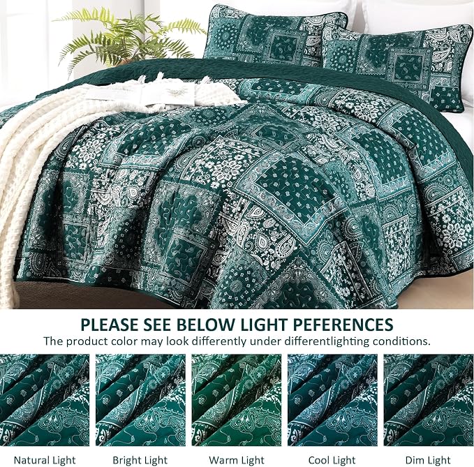 Cottolester Queen Quilt Set 3 Pieces, Emerald Green Patchwork Quilt Set - Image 6