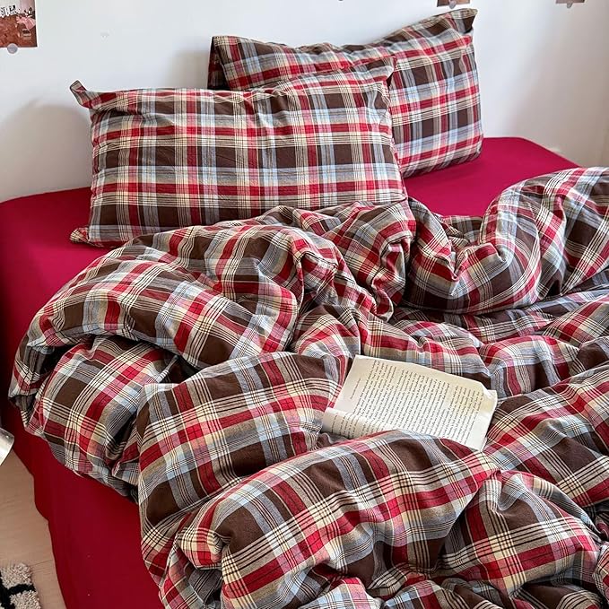 mixinni Vintage Red & Brown Buffalo Plaid Duvet Cover Set Queen Size - Image 2