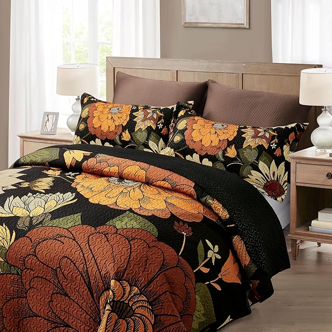 Tyrot 3 Piece Black Boho Floral King Size Quilt Sets Reversible Farmhouse - Image 2