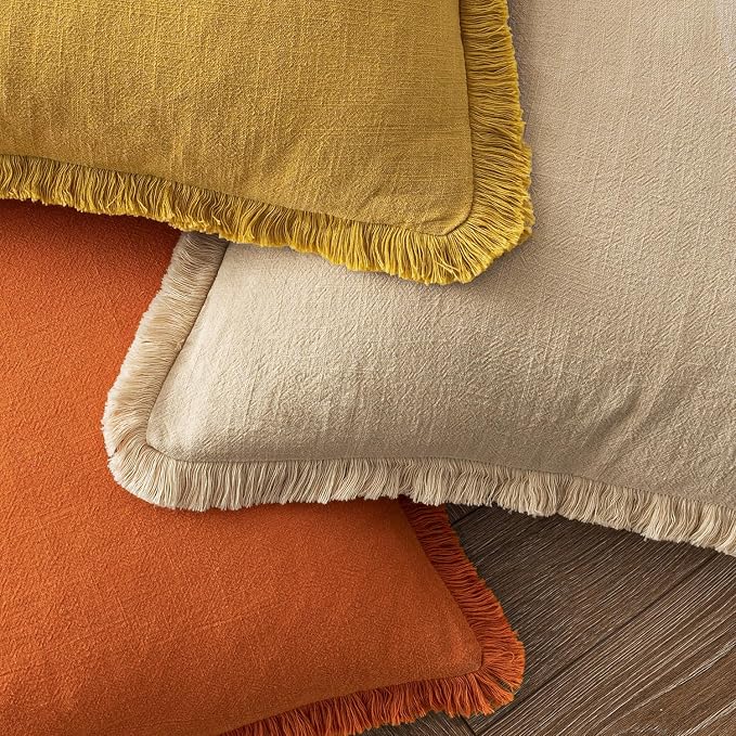 MIULEE Decorative Throw Pillow Covers Neutral Linen Fringe Throw Pillows Euro - Image 4