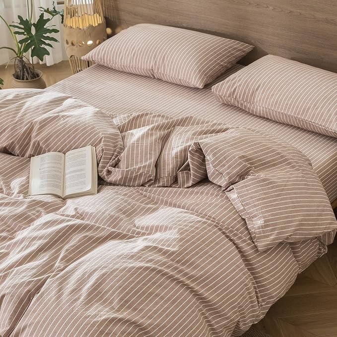 MooMee Striped Duvet Cover Set 100% Washed Cotton Linen Like Textured - Image 8