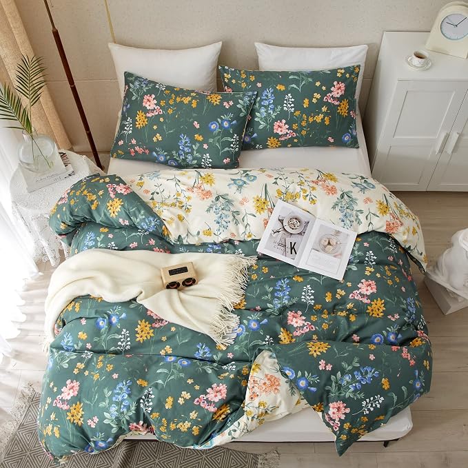 PinkMemory Green and White Floral Duvet Cover King 100% Cotton Reversible Green - Image 3