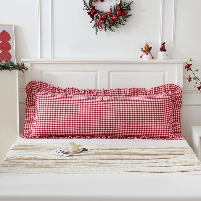 20x54 inches Red/White Gingham Body Pillow Sham 1 Piece, 100% Cotton Ruffled - Image 2