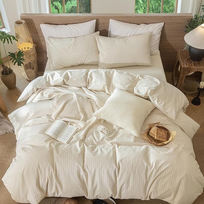 MooMee Striped Duvet Cover Set 100% Washed Cotton Linen Like Textured - Image 5