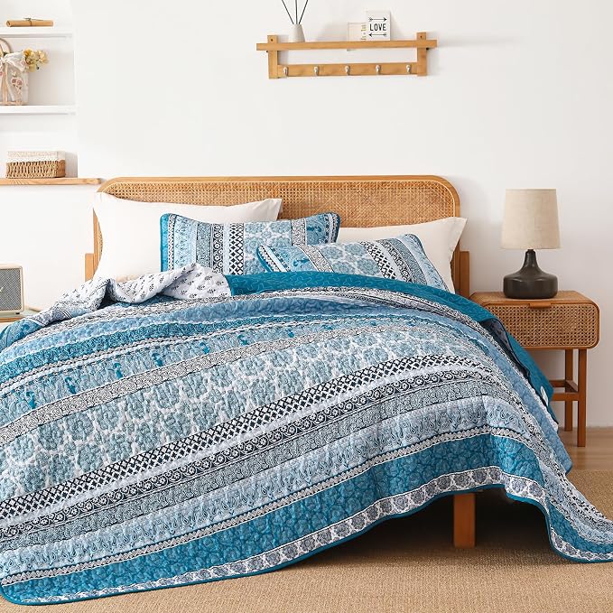 WONGS BEDDING Boho Quilt Set King Size, Teal Blue Bohemian 3 Pieces Quilt Sets - Image 5
