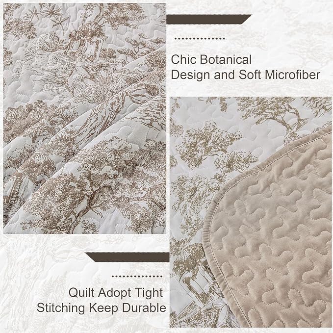WONGS BEDDING Botanical Quilt Set California King Size, Khaki 3 Pieces Toile - Image 5