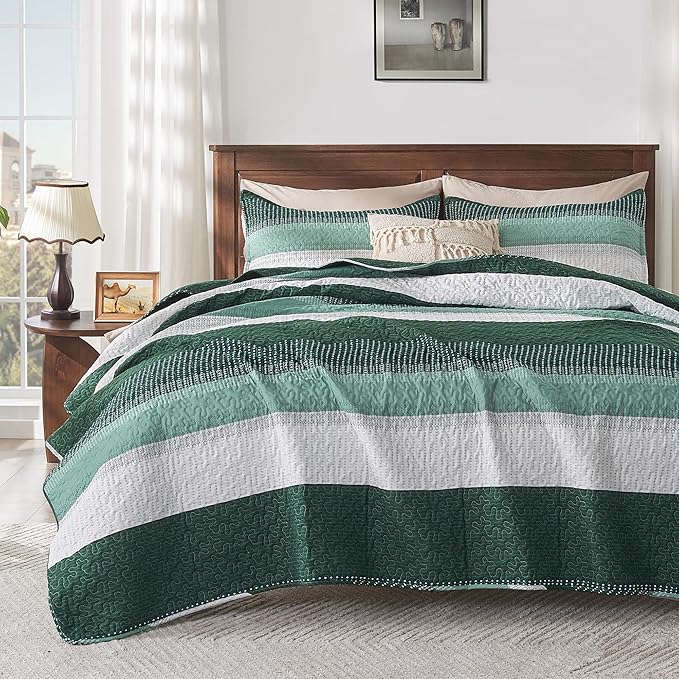 Andency Emerald Green Quilt King, 3 Pieces Patchwork Striped Bedspread Coverlet by Andency