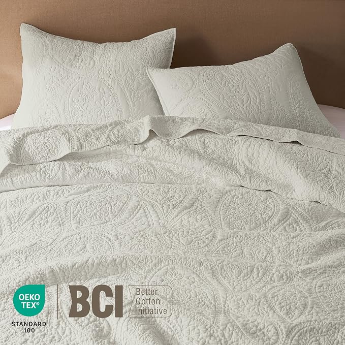 palassio Beige Paisley 100% Cotton Quilt Twin Size Bedding Sets - Image 3
