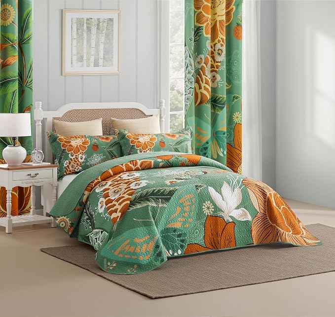 Tyrot 3 Piece Sage Green Boho Floral Californial King Quilt Sets Farmhouse - Image 2