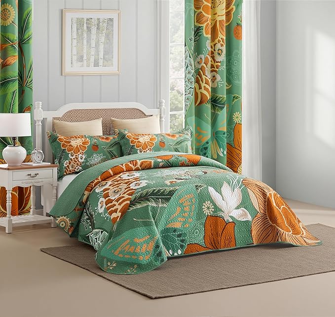 Tyrot 3 Piece Sage Green Boho Floral Full/Queen Quilt Sets Farmhouse Botanical - Image 2