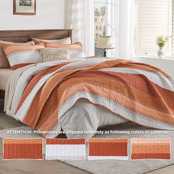 Andency Orange Quilt Cal King, 3 Pieces Patchwork Striped Bedspread Coverlet Set - Image 8