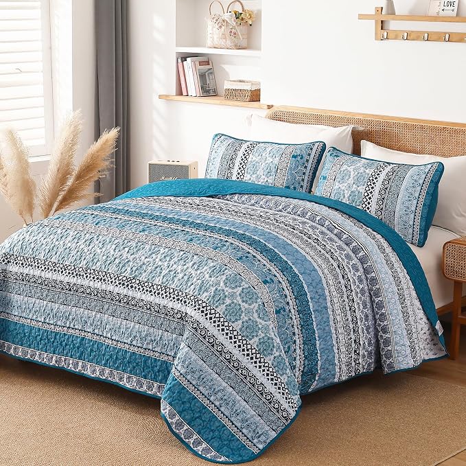 WONGS BEDDING Boho Quilt Set King Size, Teal Blue Bohemian 3 Pieces Quilt Sets - Image 2