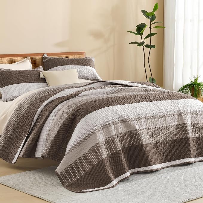 Litanika Oversized King Quilt Set Brown, 128x120 Stripe Bedspread Coverlet 3 by Litanika