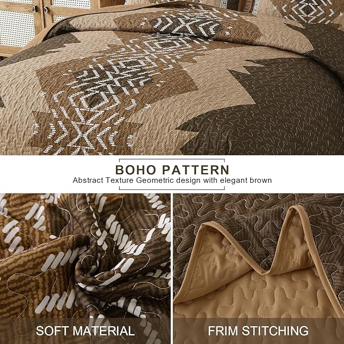 Dintszyayue Brown Quilt Set Queen Size, 3 Piece Boho Aztec Texture Bedspread - Image 4