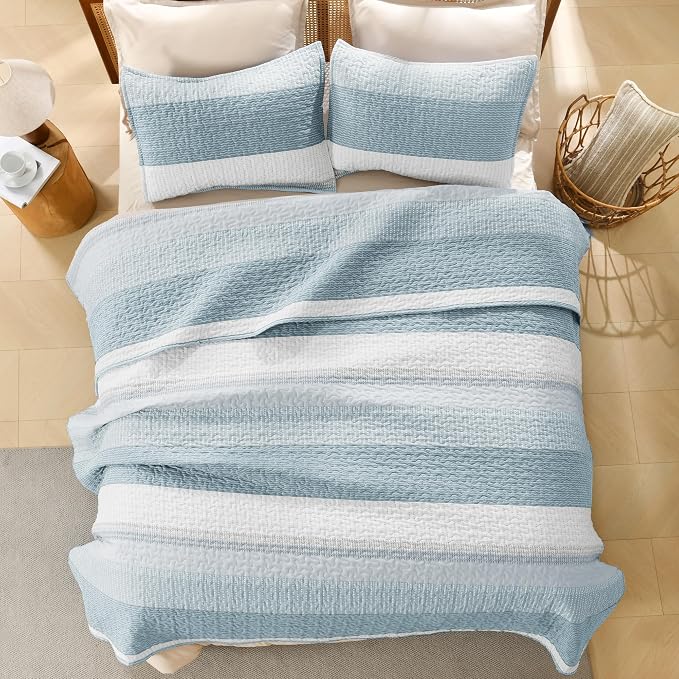 Litanika Quilt Queen Size Spa Blue, Stripe Patchwork Summer Bedspread Coverlet - Image 3