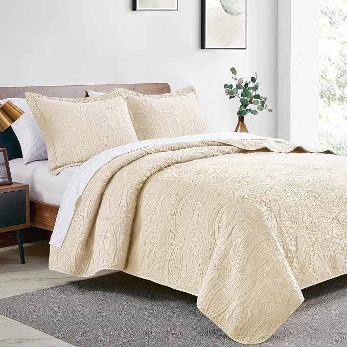 Love's cabin California King Size Quilt Set Beige Bedspreads - Image 2