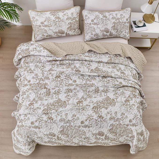 WONGS BEDDING Botanical Quilt Set California King Size, Khaki 3 Pieces Toile - Image 3