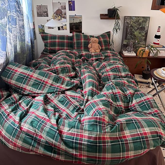mixinni Vintage Green Buffalo Plaid Washed Cotton Duvet Cover Queen - Image 2
